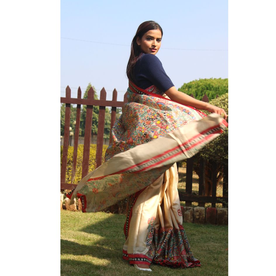 Natural Colour Pure Tussar Silk with Madhubani Paint