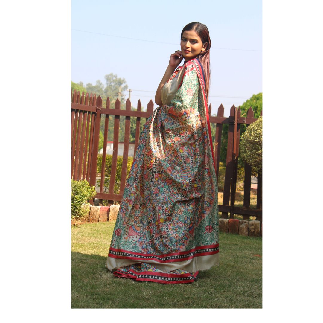 Natural Colour Pure Tussar Silk with Madhubani Paint