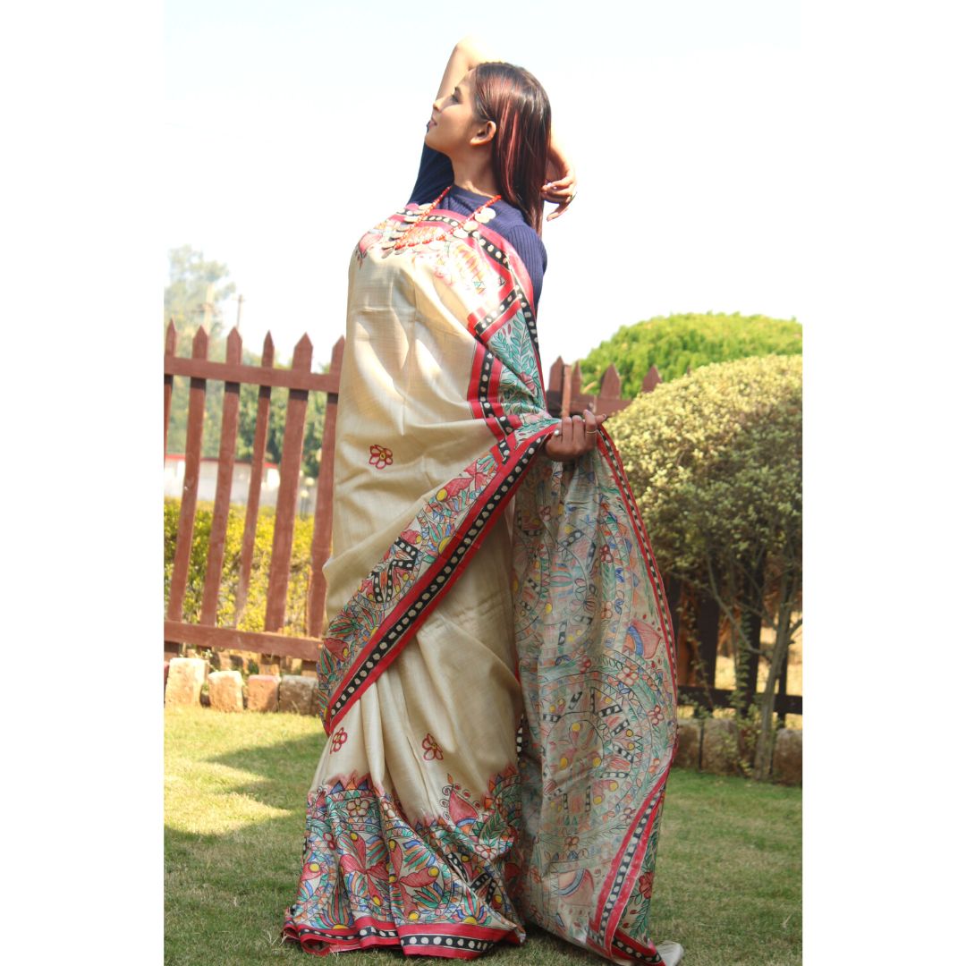 Natural Colour Pure Tussar Silk with Madhubani Paint