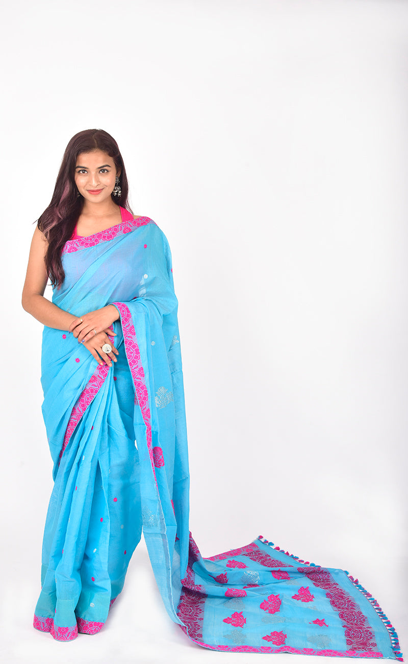 Assam Handloom Sky blue Saree with Pink motif