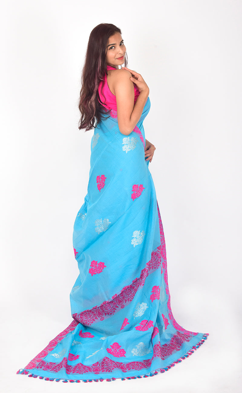 Assam Handloom Sky blue Saree with Pink motif