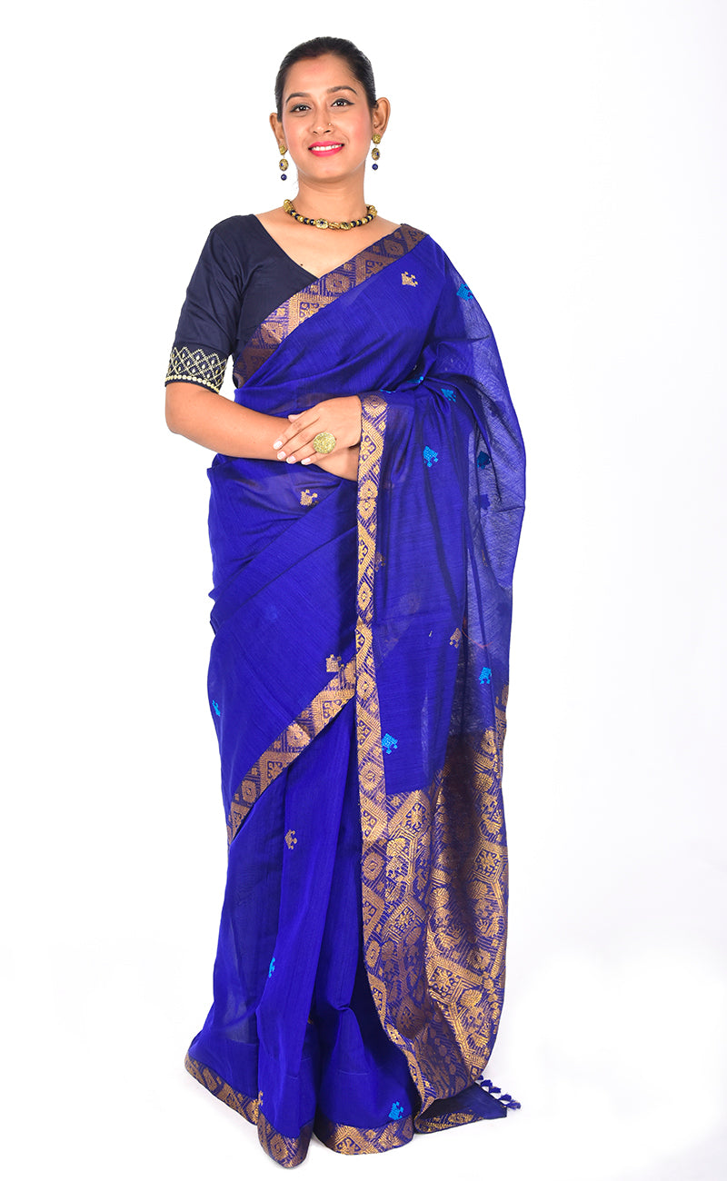 Assam Handloom Royal Blue Saree with Golden zari motif