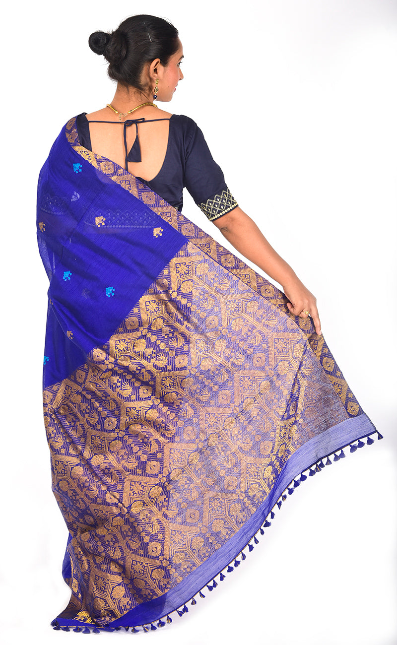 Assam Handloom Royal Blue Saree with Golden zari motif