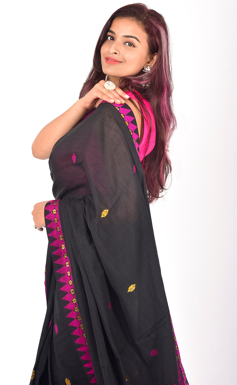 Black handloom saree with pink motif
