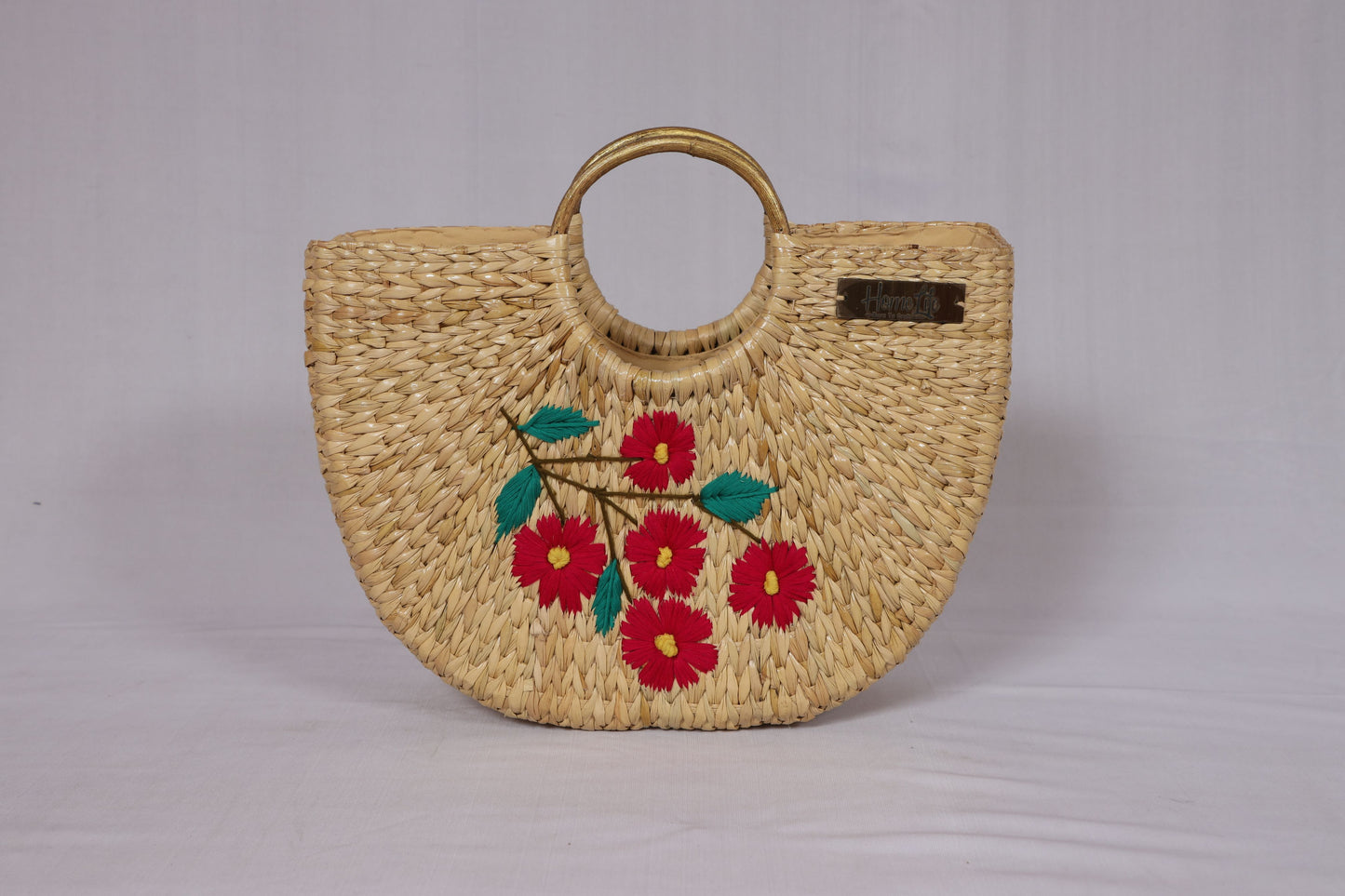 Handwoven U-shaped red floral embroidered Beach Bag