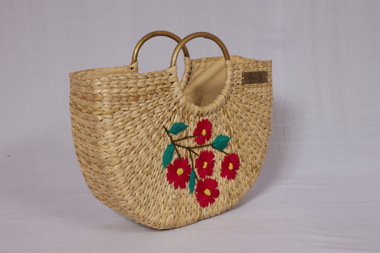 Handwoven U-shaped red floral embroidered Beach Bag