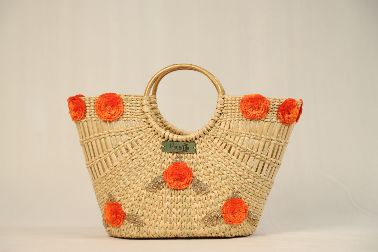 Orange floral handcrafted tote bag