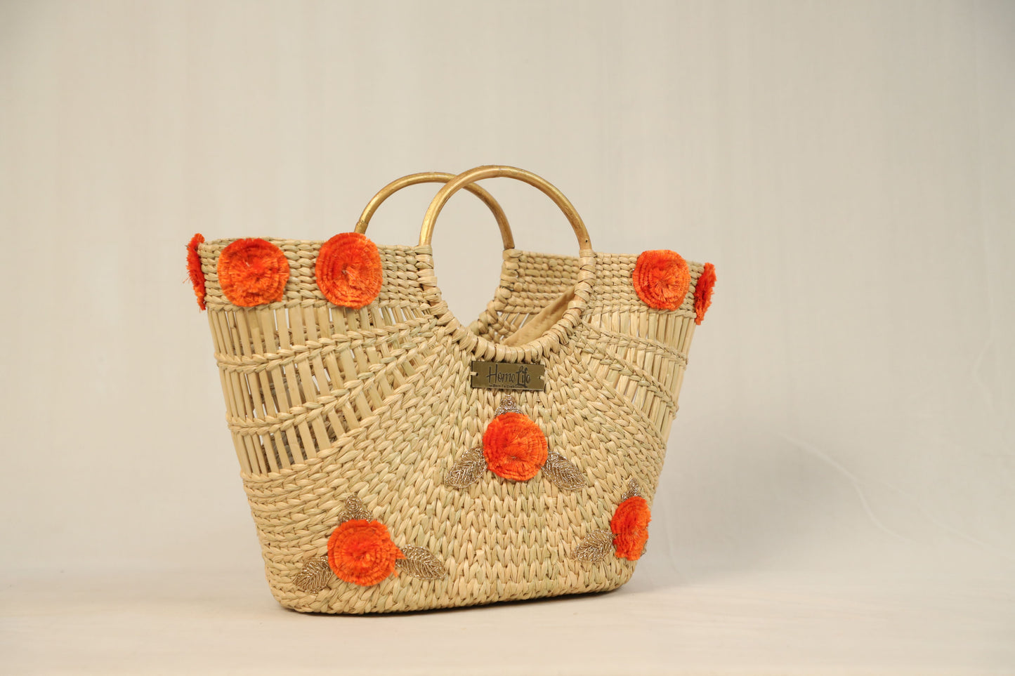 Orange floral handcrafted tote bag