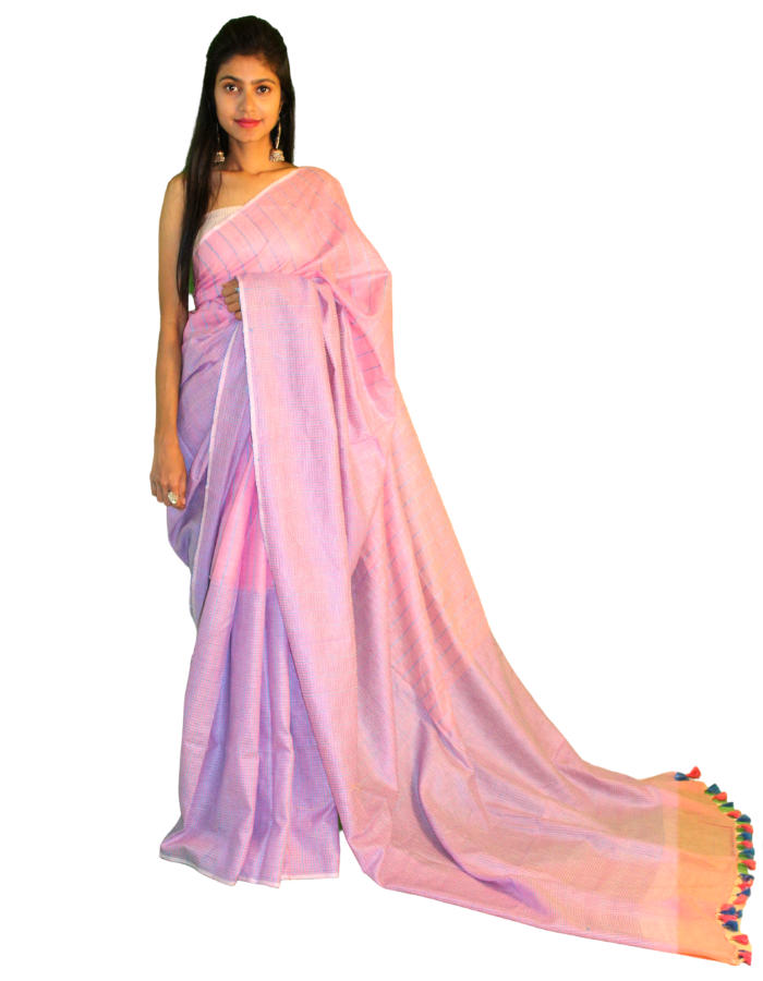 Baby Pink Katha Saree with Blue contrast