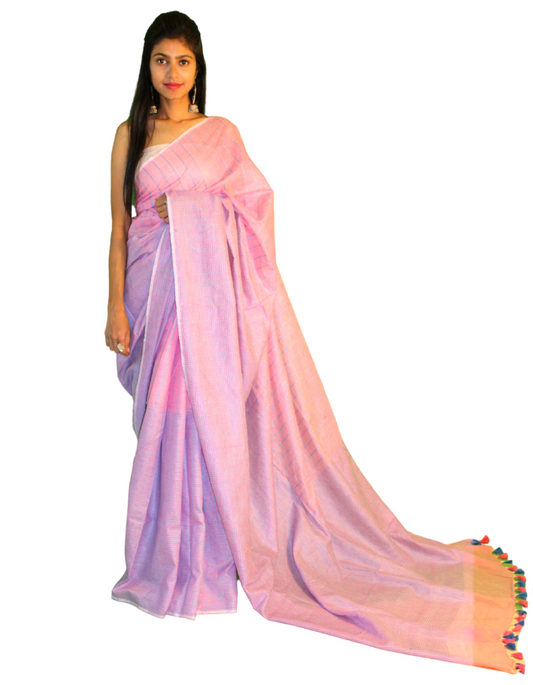 Baby Pink Katha Saree with Blue contrast