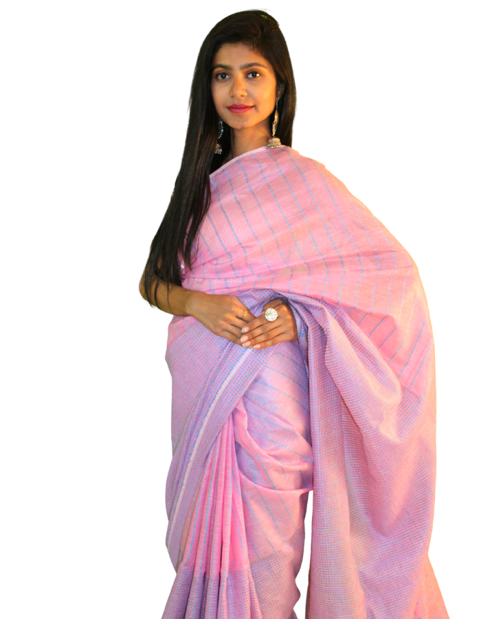 Baby Pink Katha Saree with Blue contrast