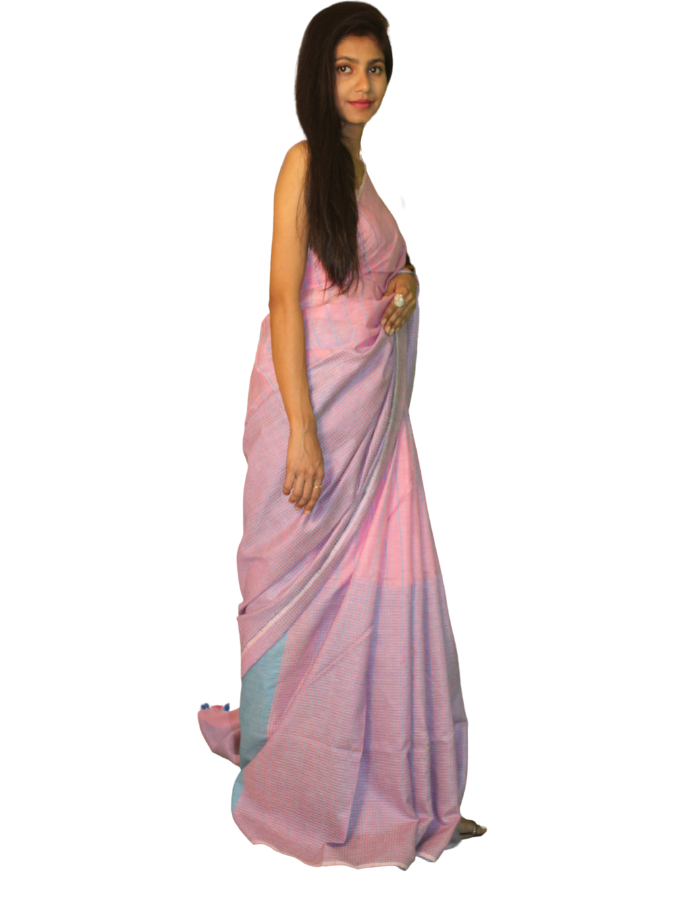 Baby Pink Katha Saree with Blue contrast