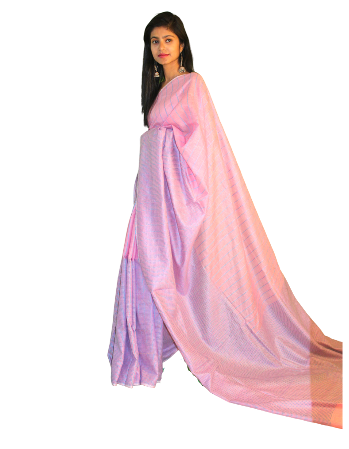 Baby Pink Katha Saree with Blue contrast