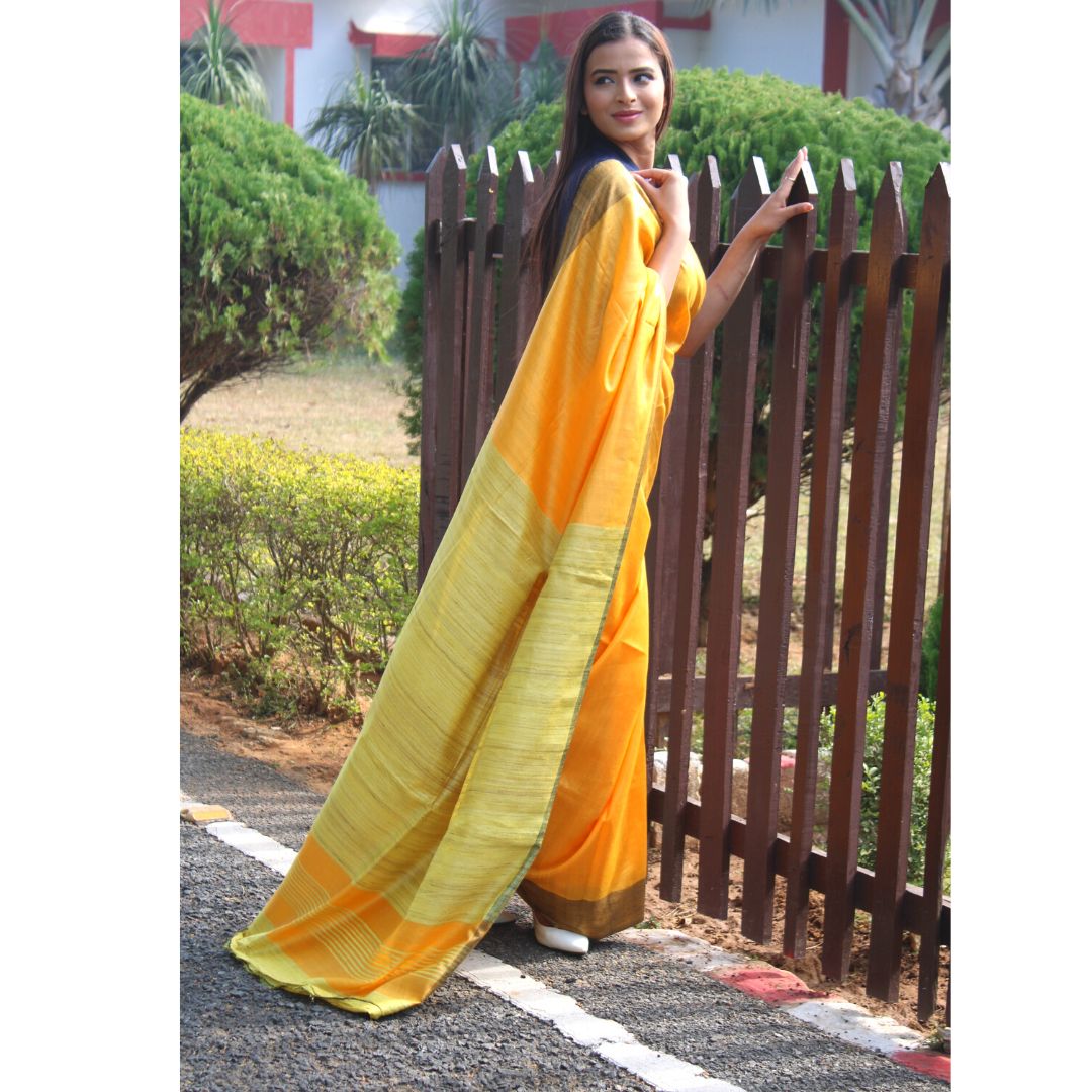 Mustard yellow Tussar by Ghicha Saree
