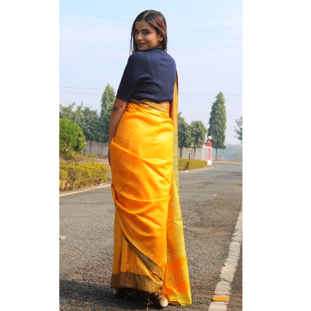 Mustard yellow Tussar by Ghicha Saree