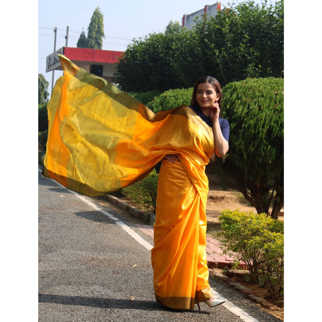 Mustard yellow Tussar by Ghicha Saree