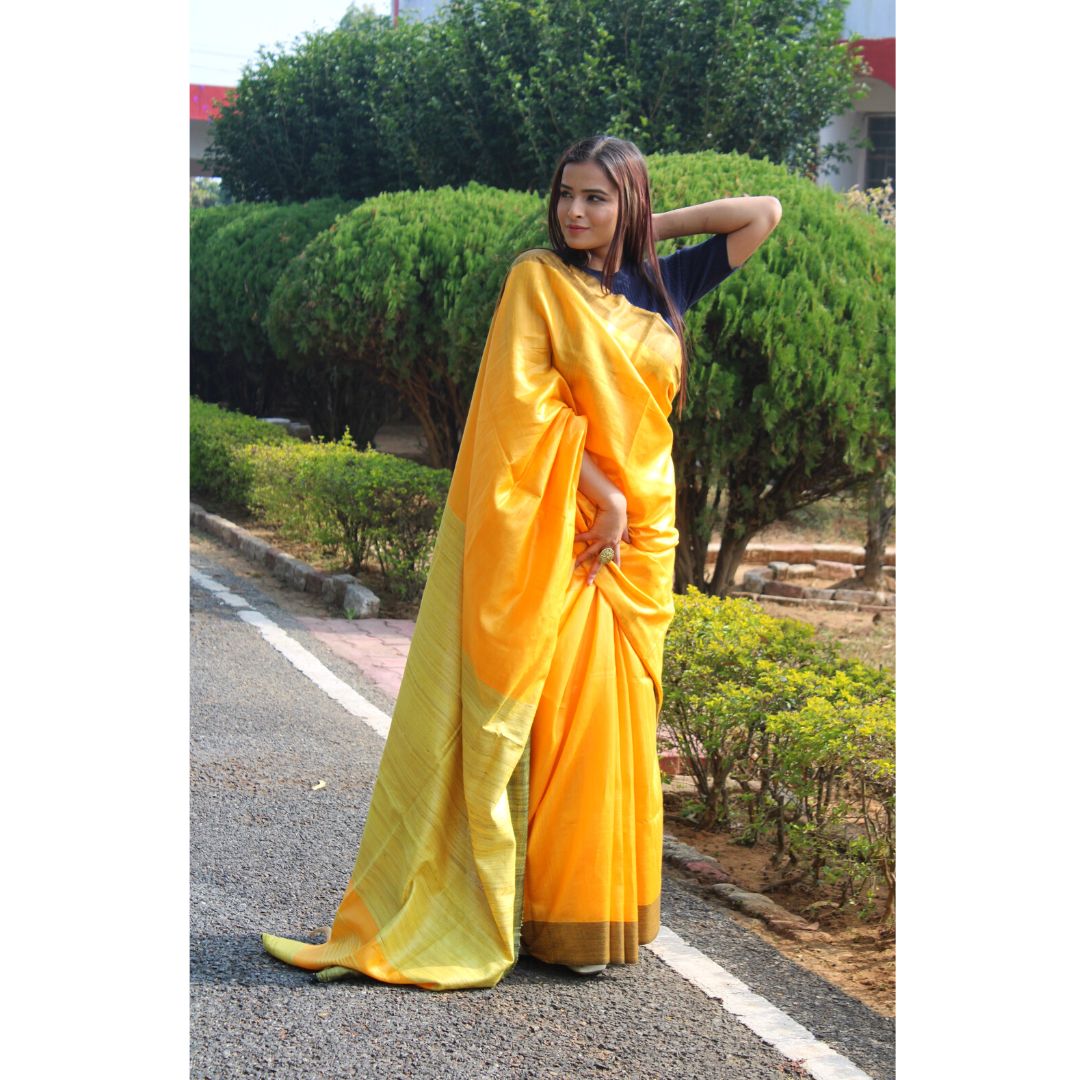 Mustard yellow Tussar by Ghicha Saree