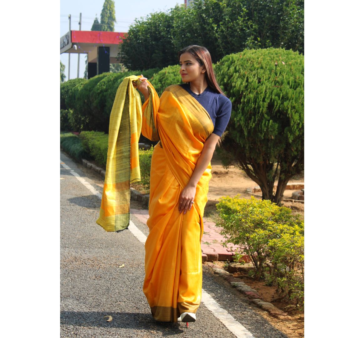 Mustard yellow Tussar by Ghicha Saree