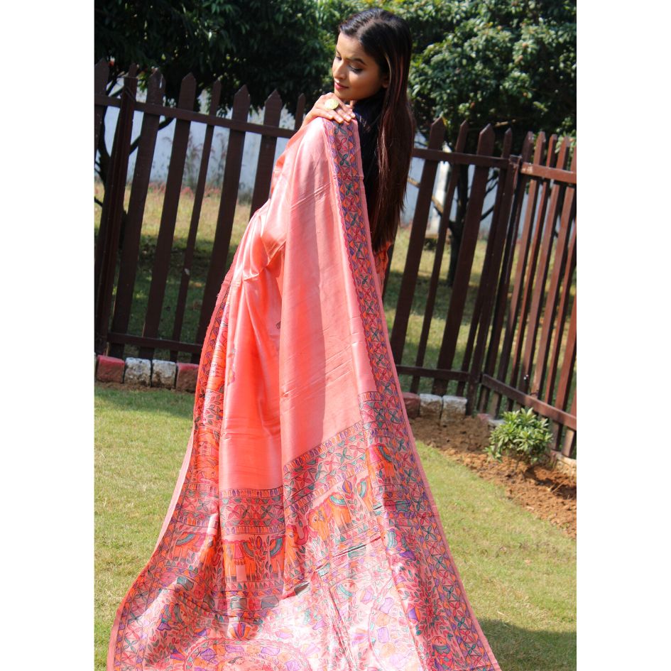 Pastel colour Pure Tussar Silk saree with Madhubani hand paint