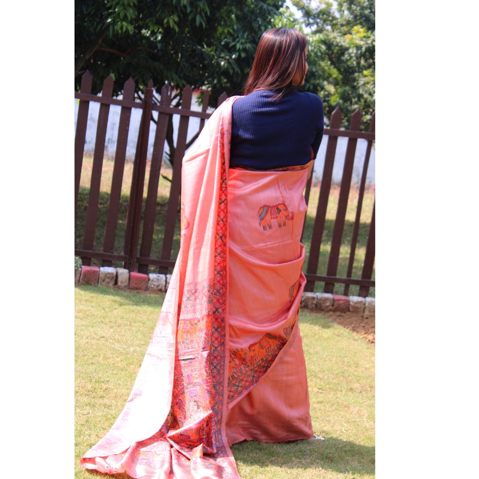 Pastel colour Pure Tussar Silk saree with Madhubani hand paint