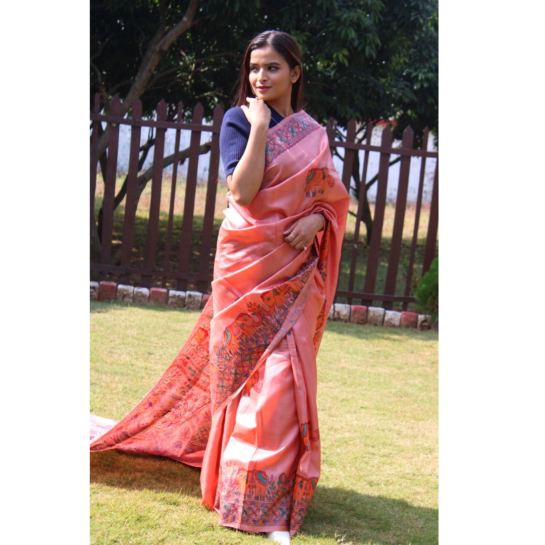 Pastel colour Pure Tussar Silk saree with Madhubani hand paint