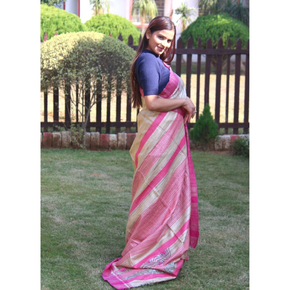 Natural Ghicha saree with pink border