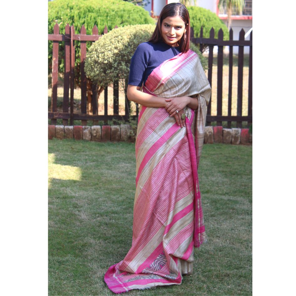 Natural Ghicha saree with pink border