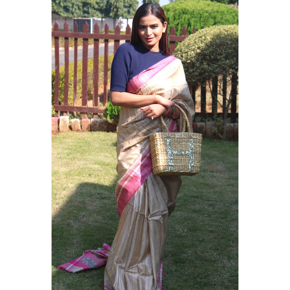 Natural Ghicha saree with pink border