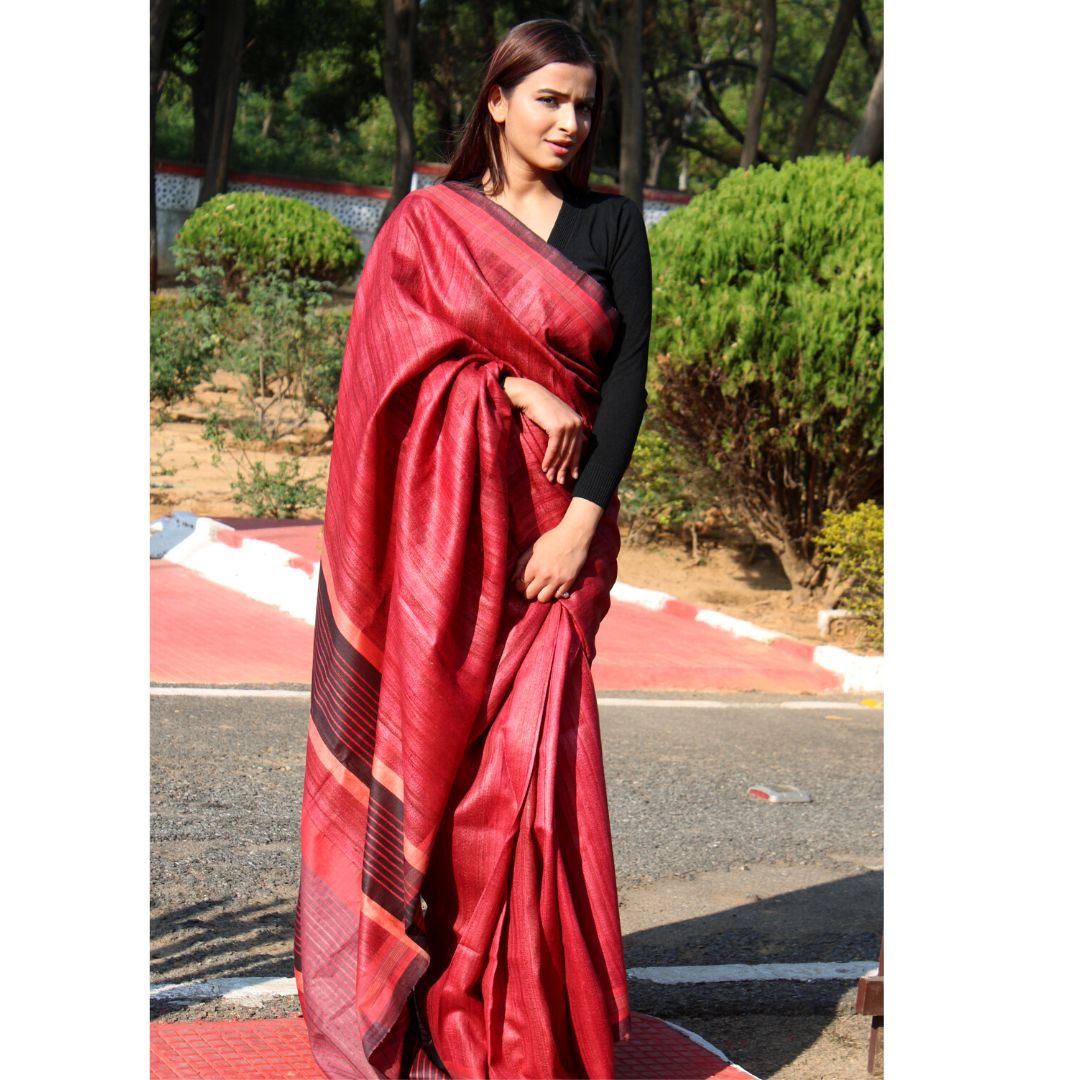 Wine colour Tussar by Ghicha with black border