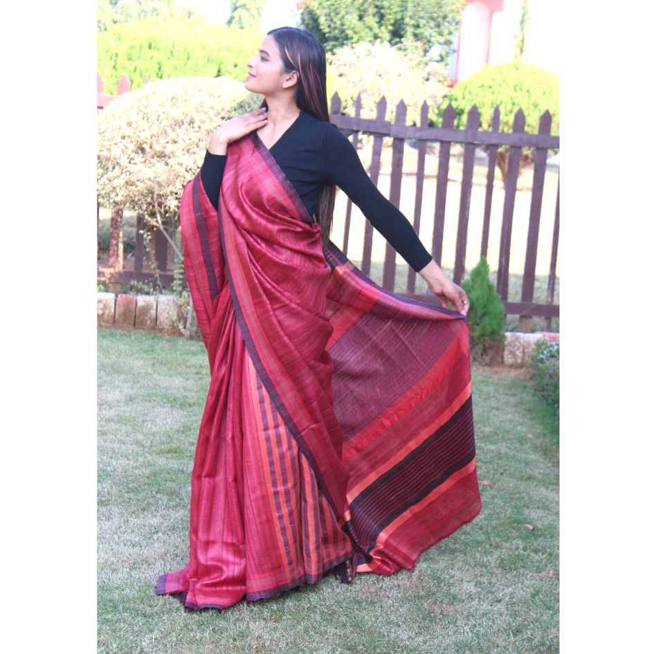 Wine colour Tussar by Ghicha with black border