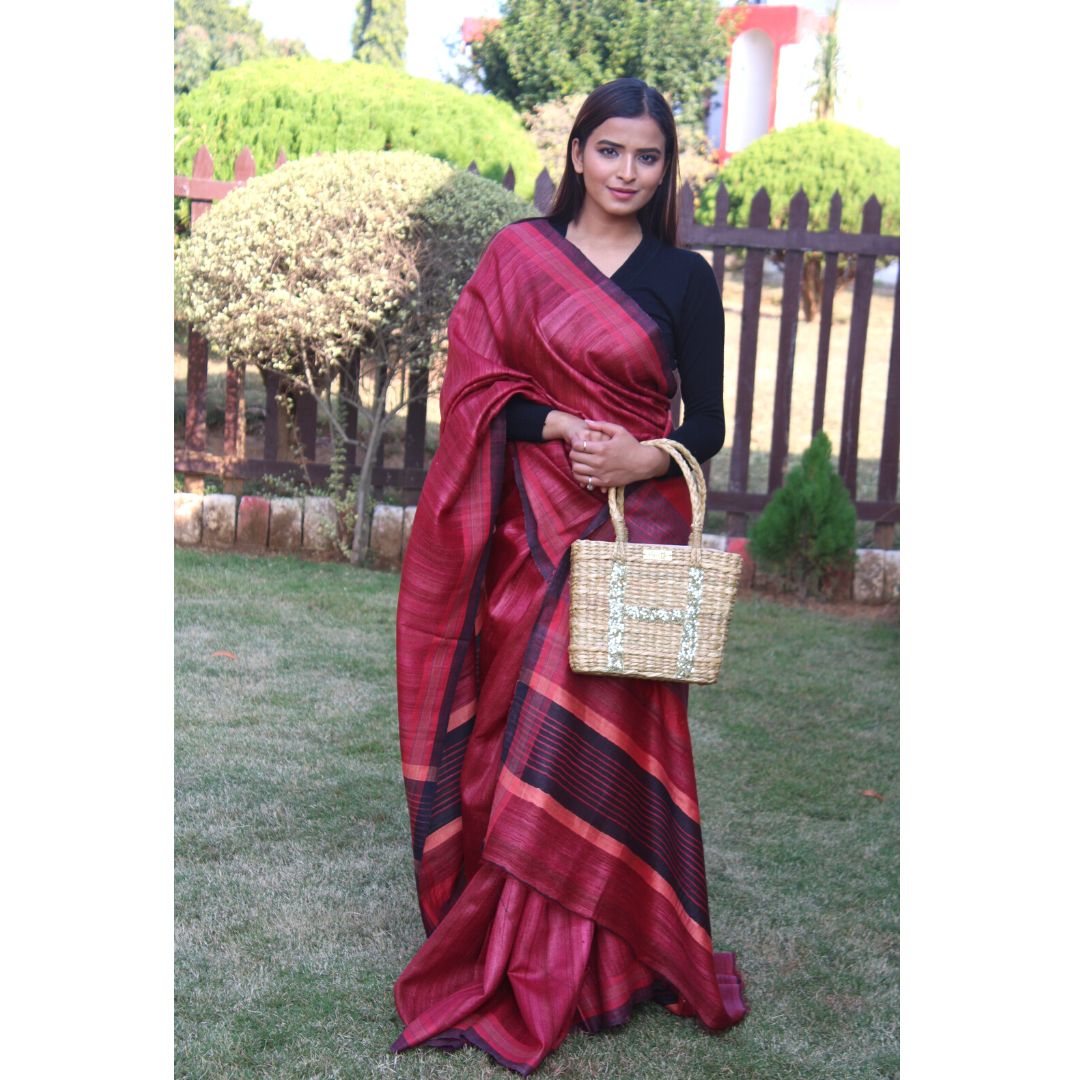 Wine colour Tussar by Ghicha with black border