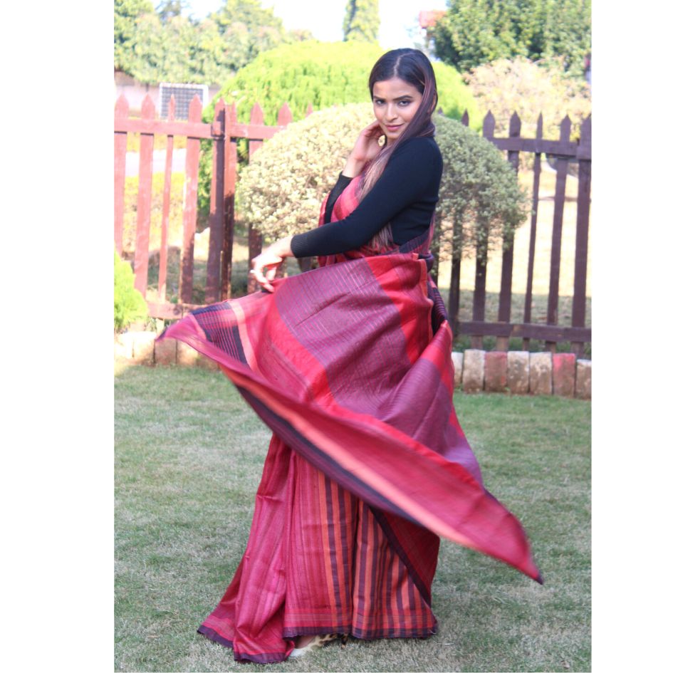 Wine colour Tussar by Ghicha with black border