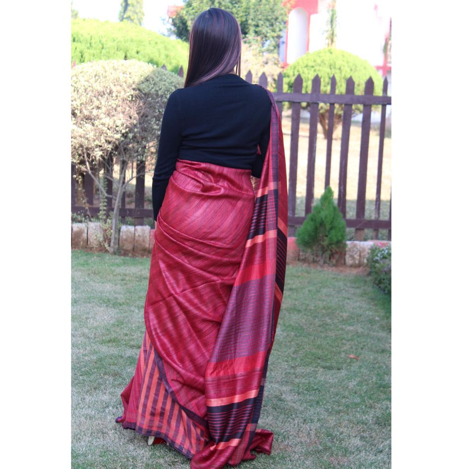 Wine colour Tussar by Ghicha with black border