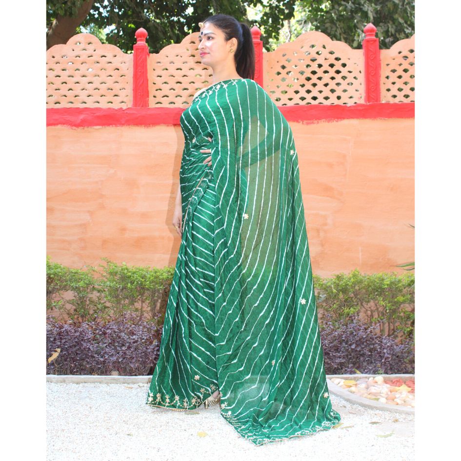 Bhabina Bottle Green Leheriya with pitta work