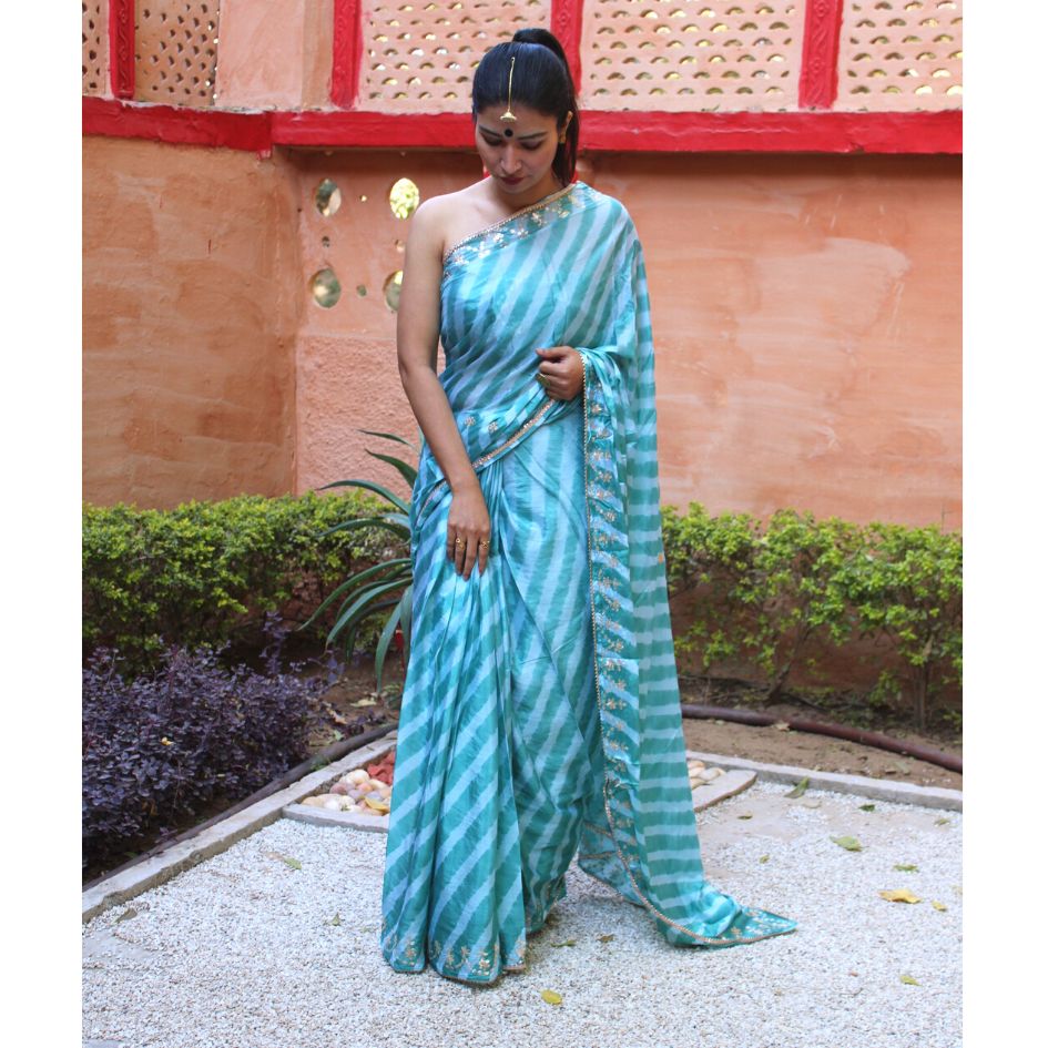 Bhabina sky blue Leheriya with pitta work