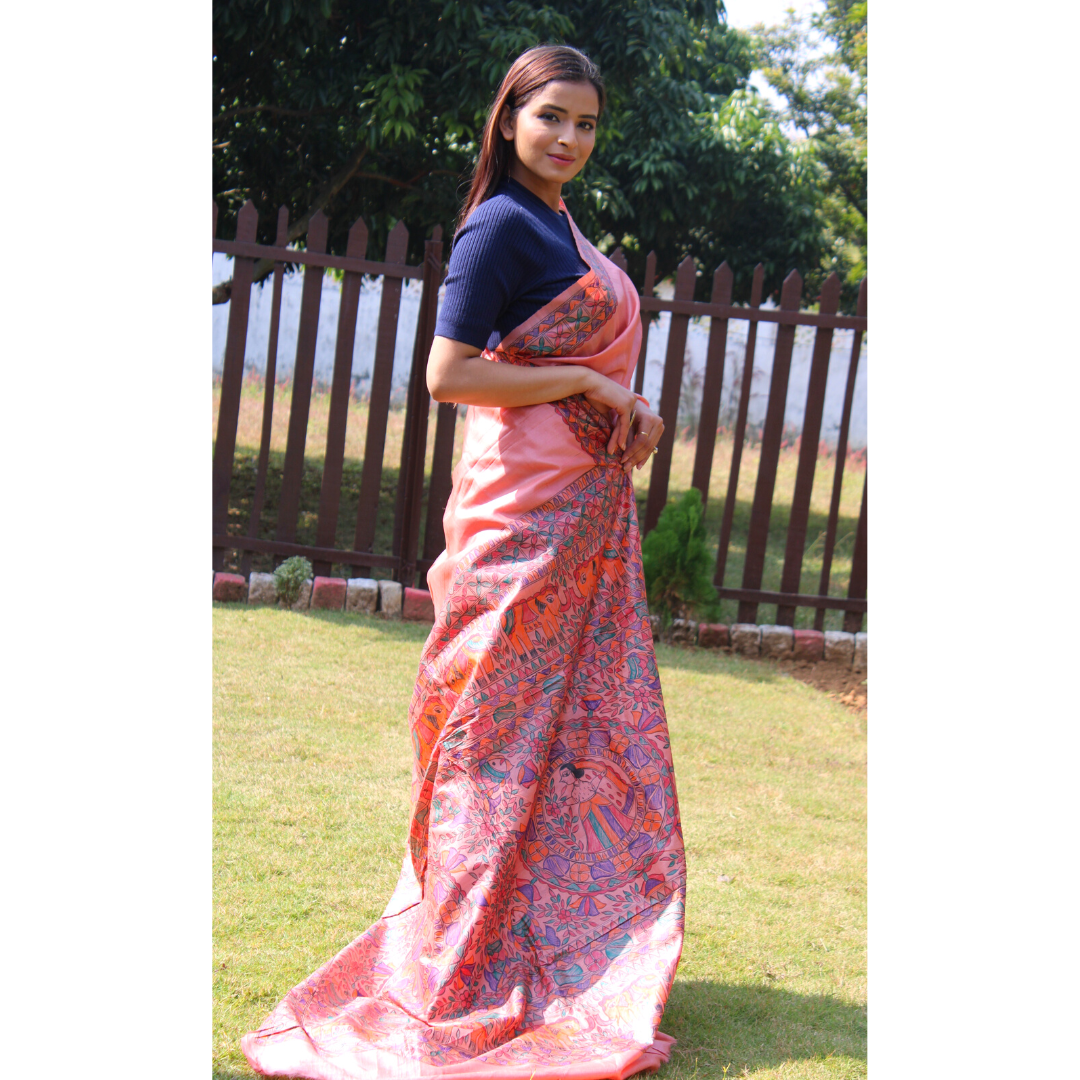 Pastel colour Pure Tussar Silk saree with Madhubani hand paint