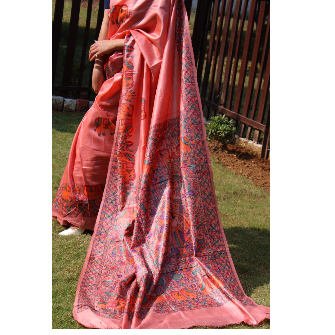 Pastel colour Pure Tussar Silk saree with Madhubani hand paint