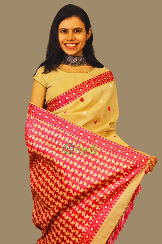 Beige and Red Assam Handloom Saree