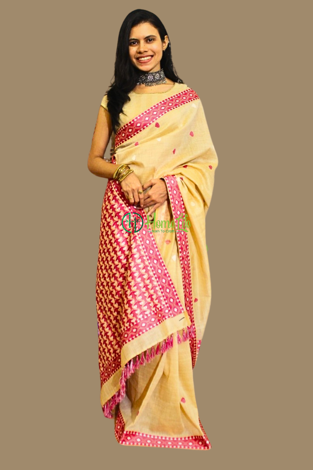 Beige and Red Assam Handloom Saree