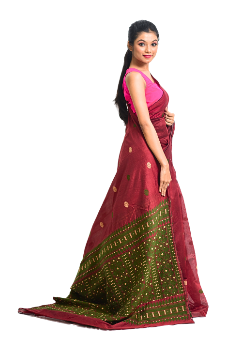 Maroon cotton saree with heavy pallu