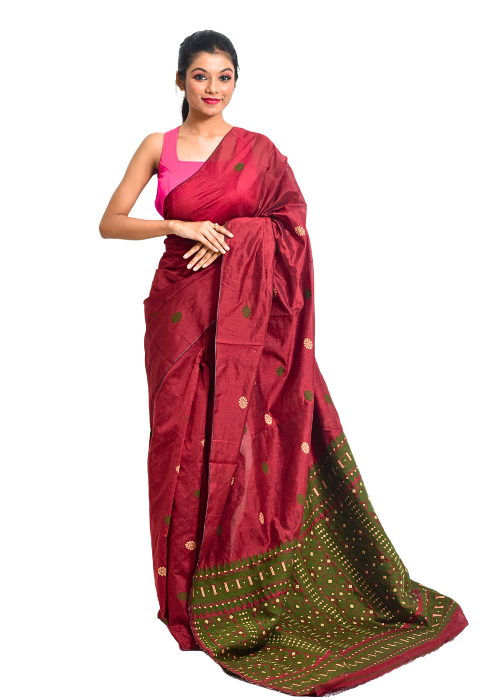 Maroon cotton saree with heavy pallu