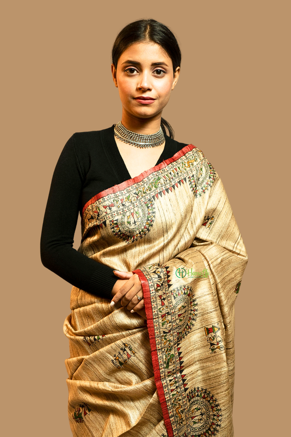 Warli Print Ghicha Silk with Natural Tone