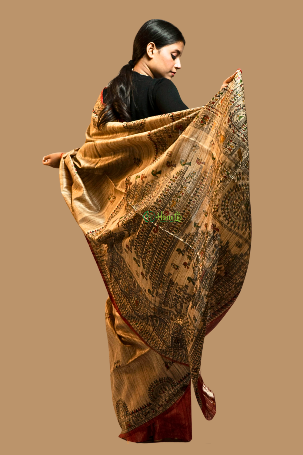Warli Print Ghicha Silk with Natural Tone