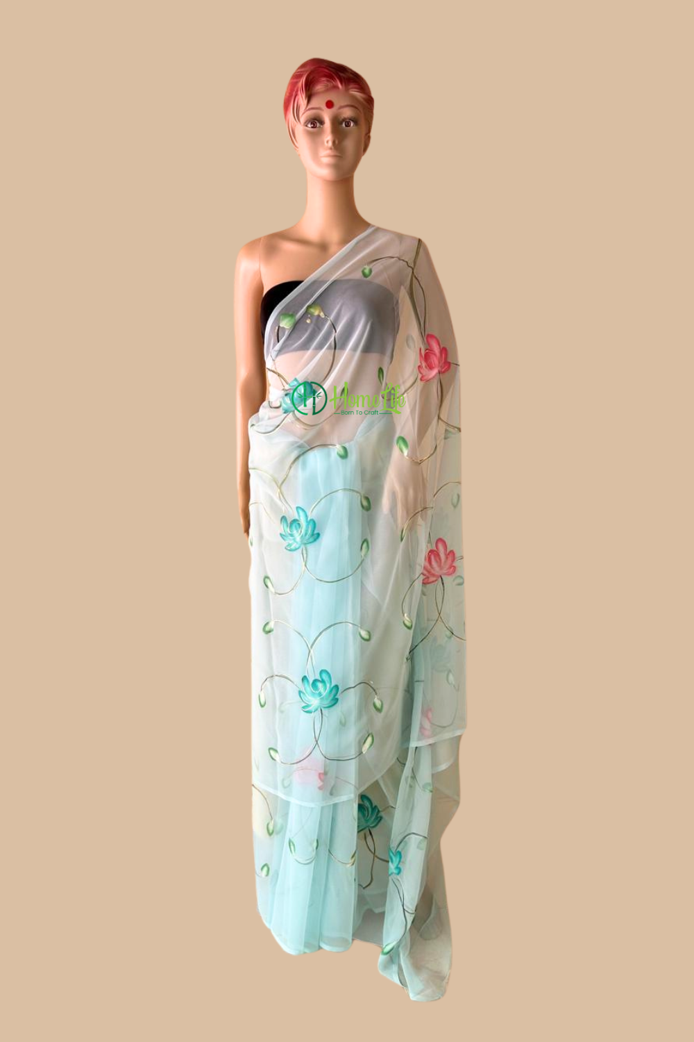 Aruna powder blue hand painted georgette saree