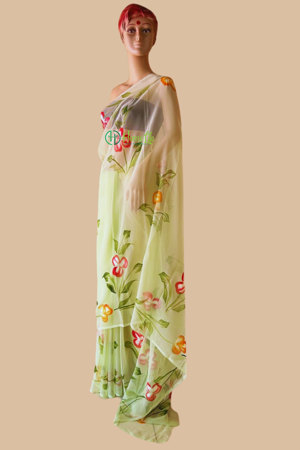 Aruhi pista green hand painted saree