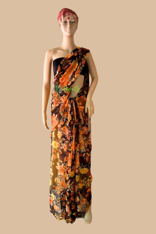 Black floral Chiffon Saree