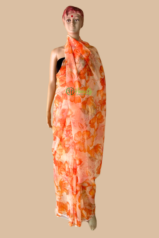 Peach and orange floral saree