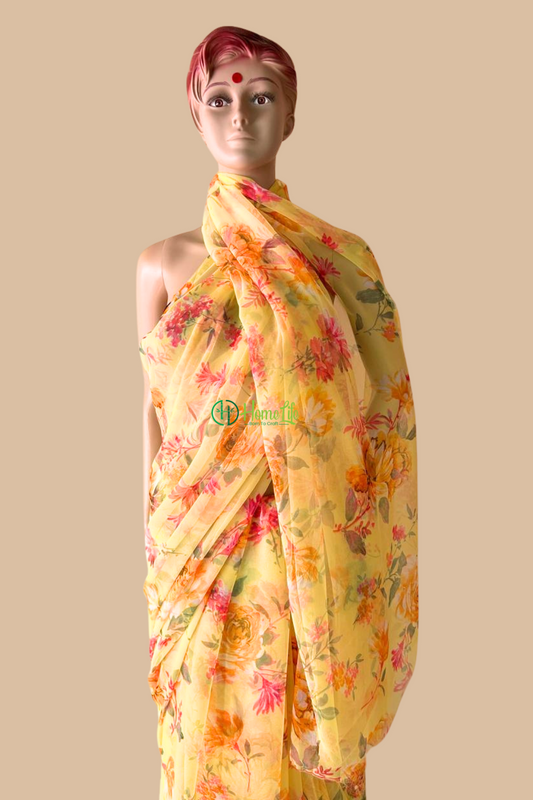 Pastel yellow floral saree