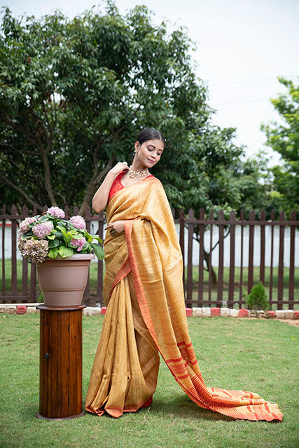 Handloom Tussar Ghicha Silk Saree(golden brown)