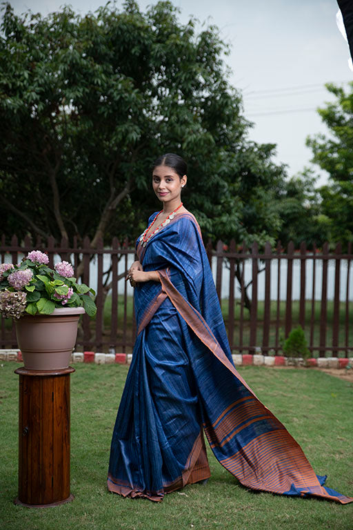 Stunning Pastel Block Printed Tussar Ghicha Silk Saree – Luxurion World